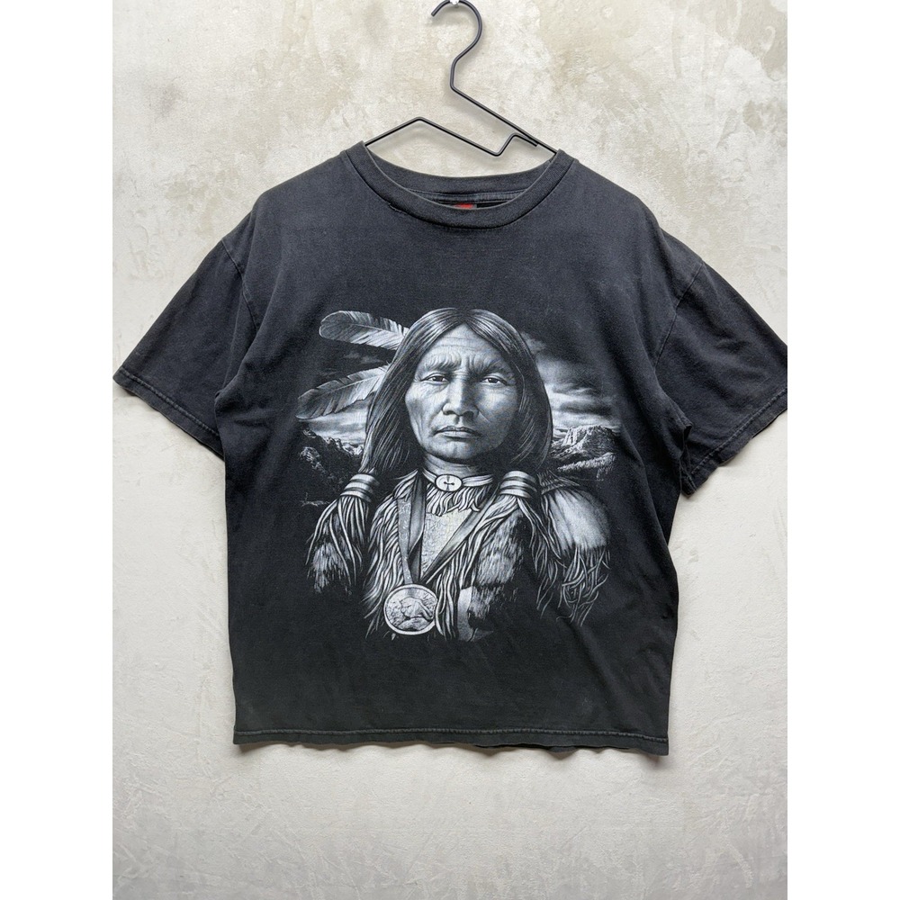 VTG 90s Thunder Adult Large Black Sitting Bull Native American Chief Graphic